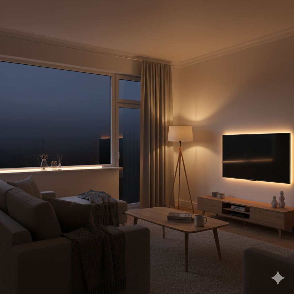 A cosy UK living room at dusk, illuminated by warm LED smart bulbs or a smart strip behind the TV or sofa. A lamp glows softly in the corner using warm-white light while the outdoors appears dark, showing the early winter evenings.

No people, no text.
Just a warm, welcoming winter interior with energy-efficient lighting.