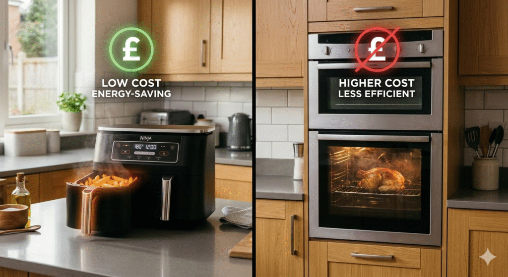 A side-by-side comparison scene showing an air fryer on one side and a traditional oven on the other. The air fryer is compact and highlighted with a green “low cost” or energy-saving symbol, while the oven appears larger with a faint red “higher cost” indicator. The setting is a typical UK kitchen, with a focus on contrast and clear visual storytelling.

