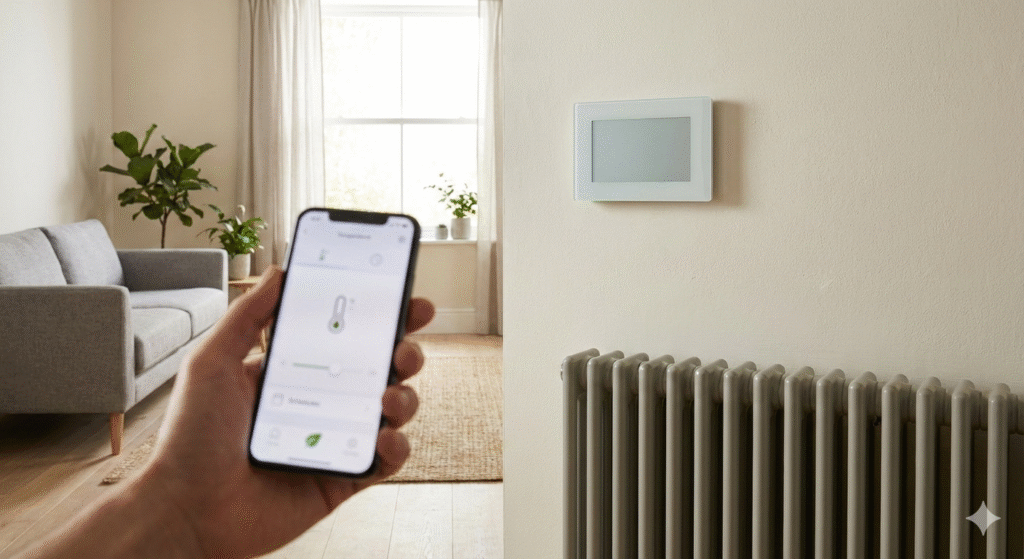 A clean, modern UK home interior showing a subtle smart heating concept. A neutral-toned living room with radiators, a wall-mounted thermostat, and a soft-glowing smartphone interface in the foreground showing simple heating controls. Natural daylight, minimalist decor, calm and uncluttered aesthetic. No brand logos, no text, no people. Realistic photography style, soft shadows, warm but natural lighting, designed to visually explain smart home heating in a UK setting.


