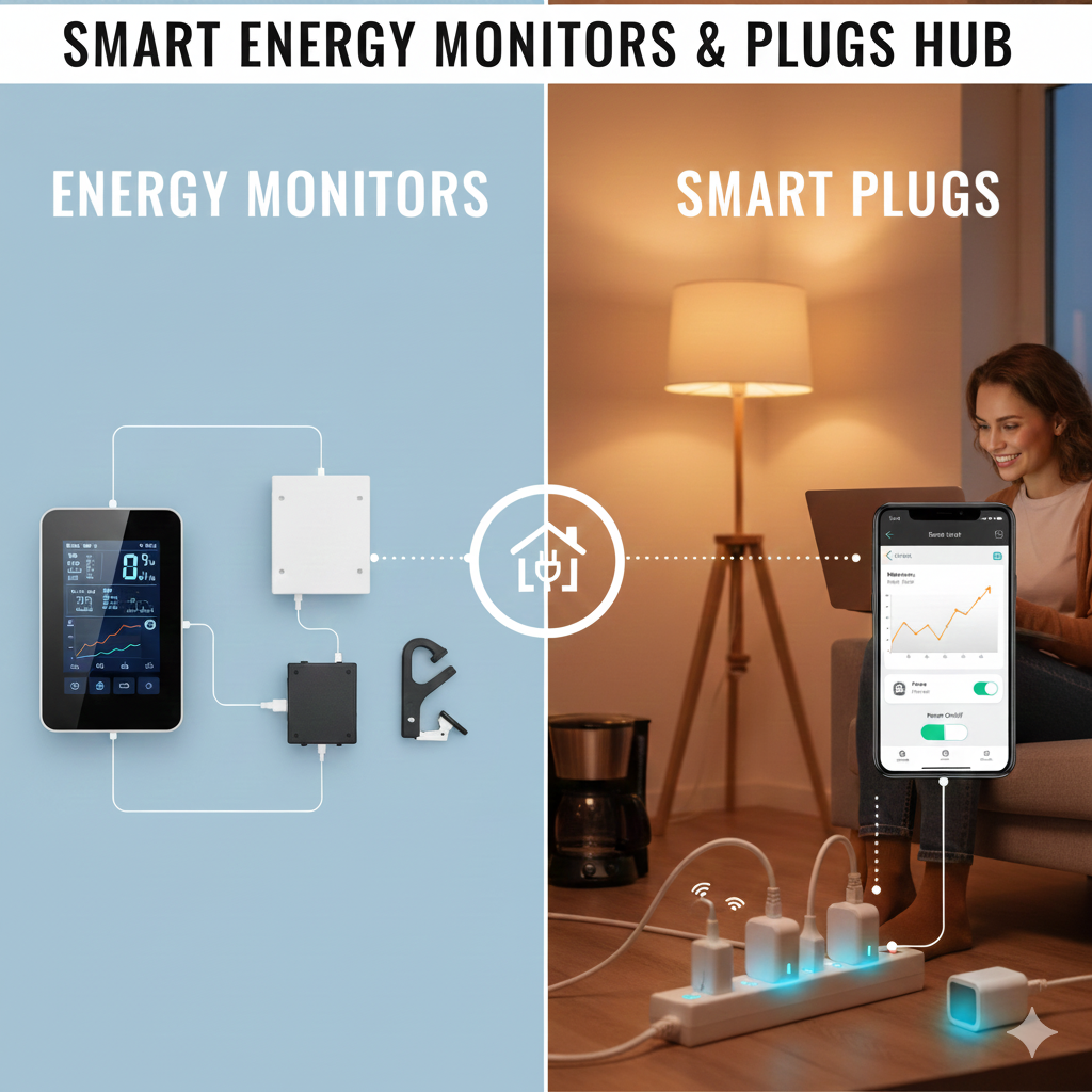 A split image illustrating "Smart Energy Monitors" on the left and "Smart Plugs" on the right. The left shows various energy monitoring devices connected, displaying data. The right shows a woman happily using a laptop with a smartphone app controlling glowing smart plugs connected to a power strip, demonstrating energy management.