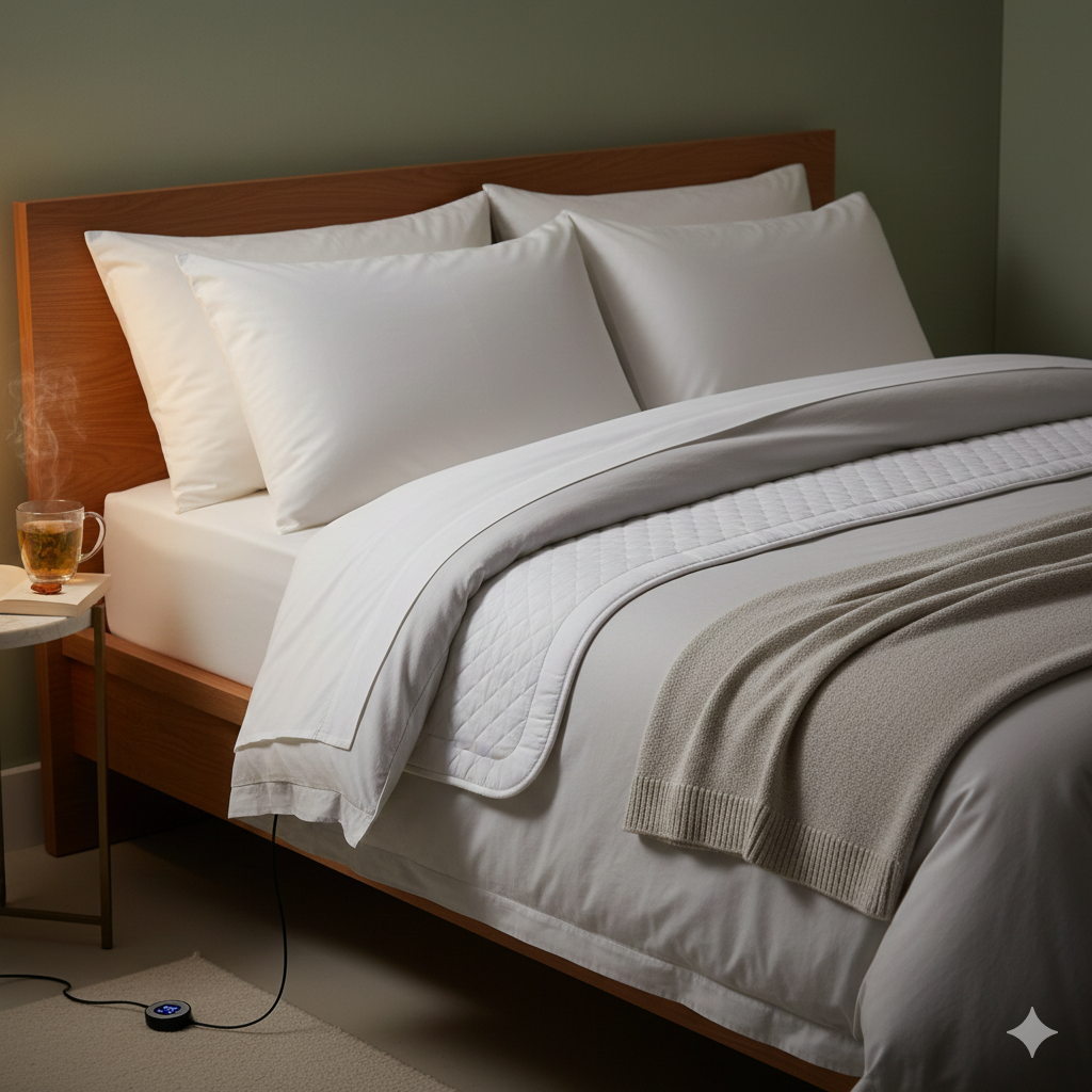 Alt Text: A close-up view of a neatly made bed in a cosy, warmly lit bedroom. The corner of a fitted sheet or mattress protector is slightly pulled back, revealing the edge of a beige or white heated underblanket lying flat on the mattress beneath the bedding. The room has soft, ambient lighting, suggesting evening or night, emphasizing the comfort and localized heat provided by the blanket for a good night's sleep.