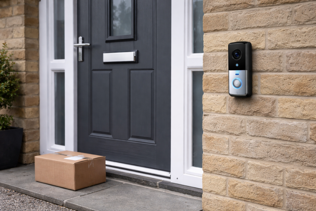 Smart doorbell camera mounted on UK front door with delivery box on doorstep and LED indicator light visible