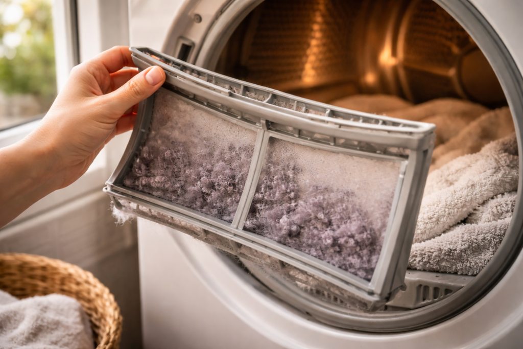 Hand removing lint filter from tumble dryer showing collected lint for cleaning