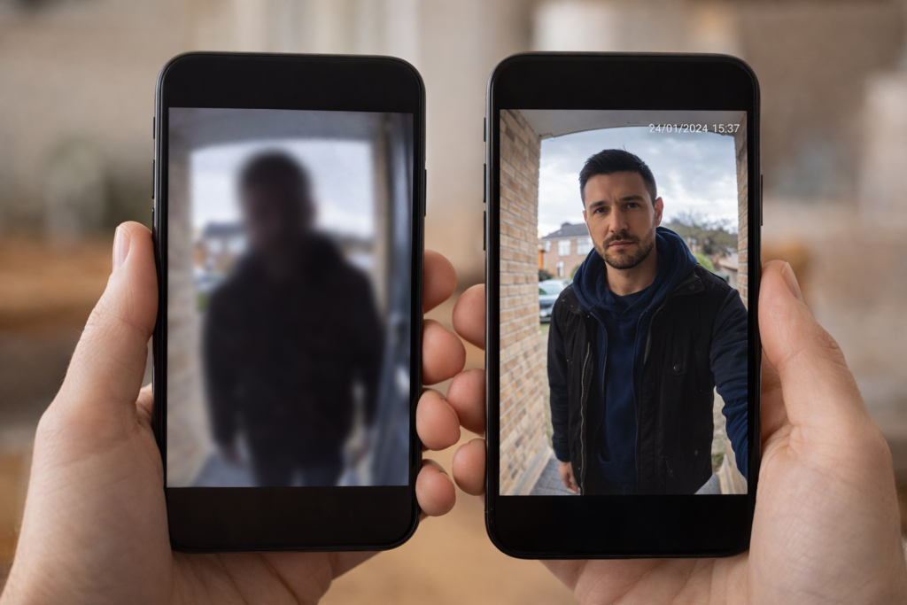 Two smartphone screens showing doorbell camera footage comparison between low resolution blurry image and sharp 2K HD image