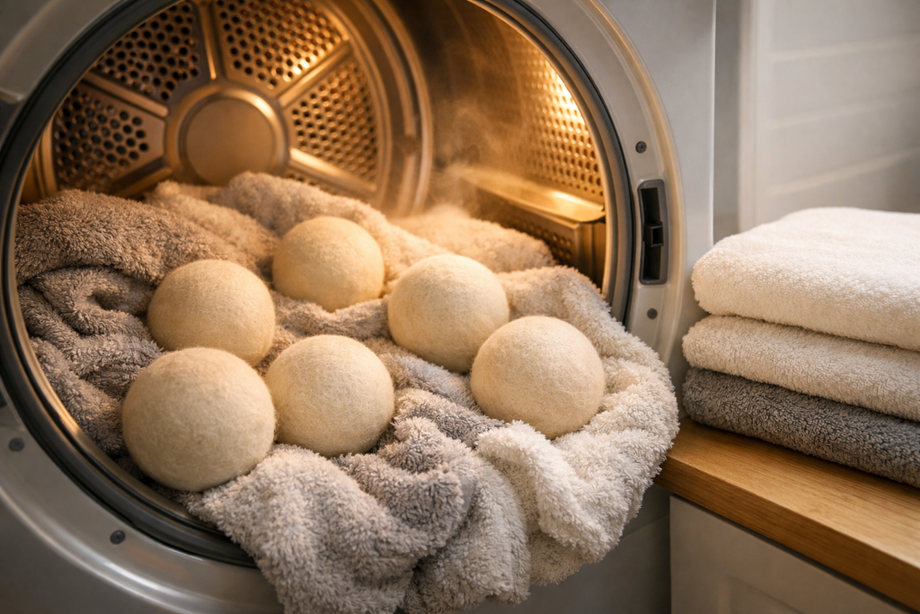 Six wool dryer balls inside an open tumble dryer drum beside a pile of folded towels