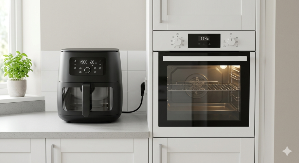 Air fryer and conventional electric oven side by side on a UK kitchen worktop