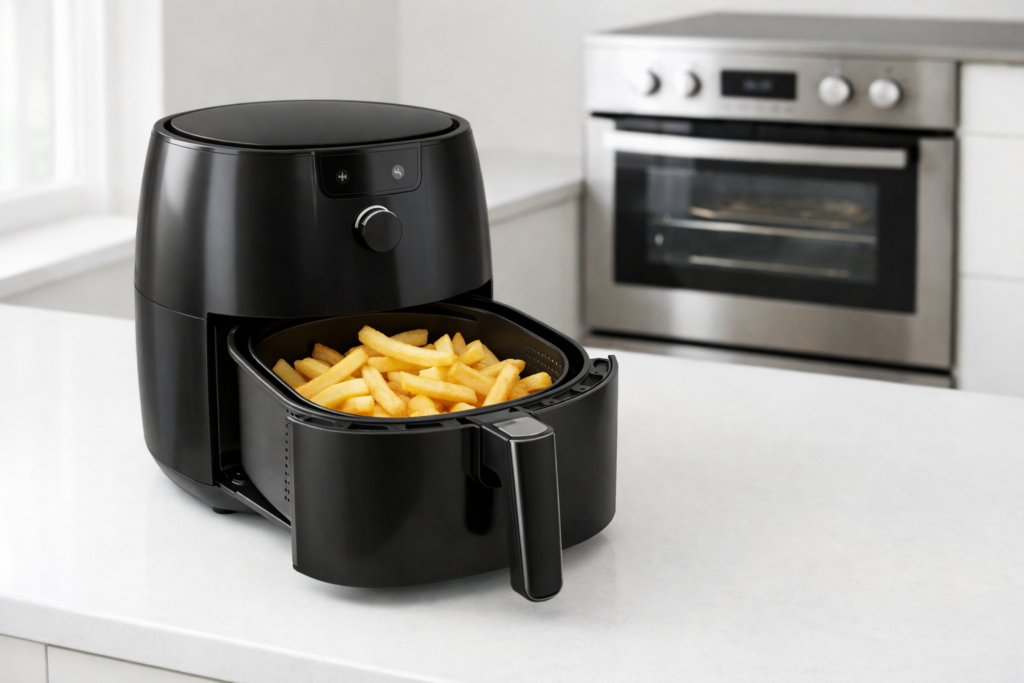 Air fryer with crispy chips next to a conventional oven on a UK kitchen worktop