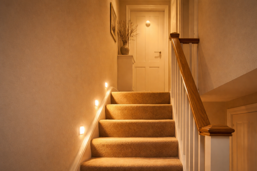Softly lit British staircase at night with automated warm lighting activated by a smart motion sensor visible on the landing wall