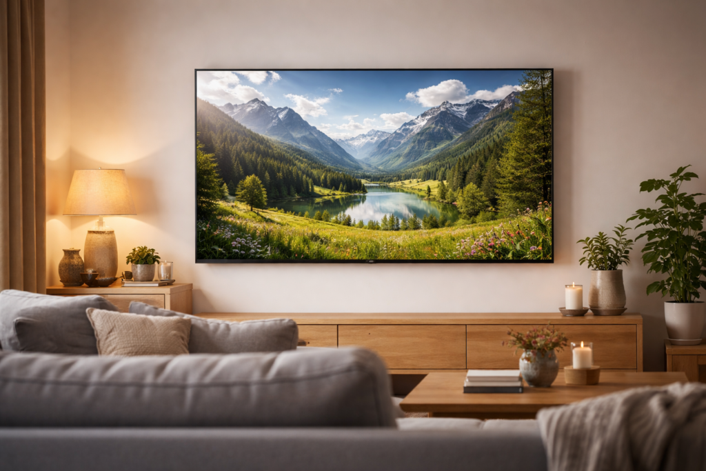 Large 50-inch smart TV mounted on a white living room wall showing a vivid 4K picture in a British family home
