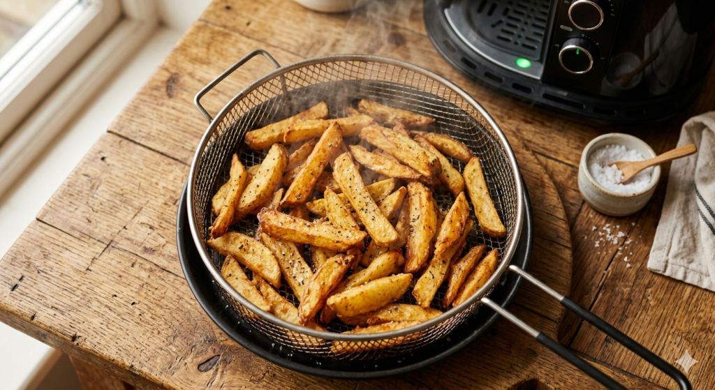 Golden crispy chips cooked in an air fryer basket on a UK kitchen worktop