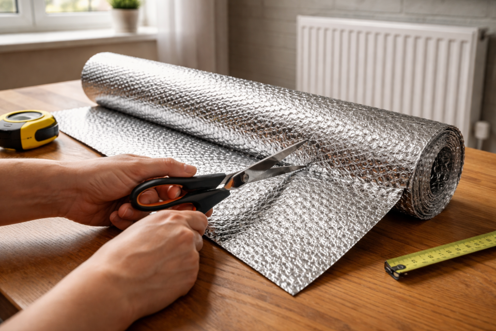 Hands cutting silver bubble radiator reflector foil to size with scissors on a table, white radiator visible in background