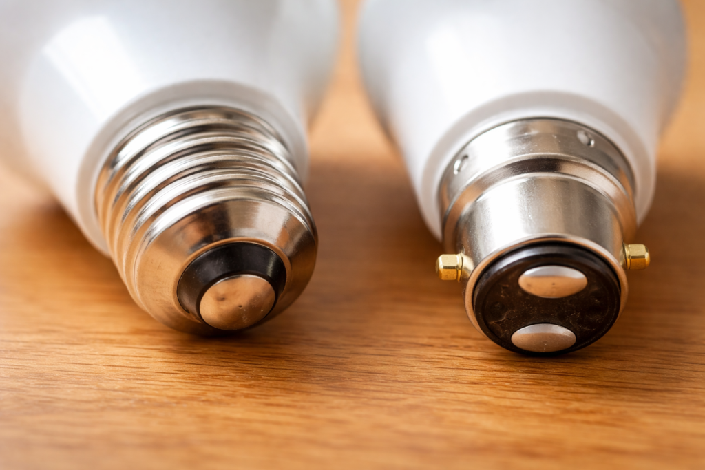 Close-up comparison of E27 screw bulb fitting and B22 bayonet bulb fitting side by side on a wooden surface