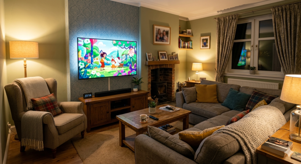 Cosy British family living room in the evening with a large smart TV showing a colourful film on the wall