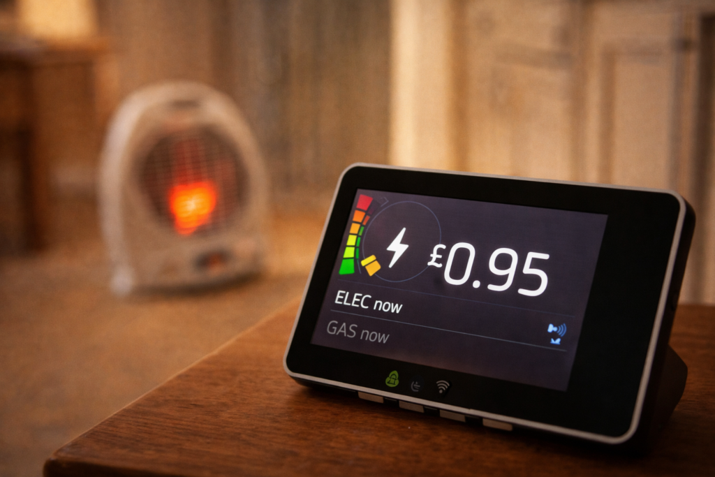 Domestic energy meter display with fan heater running in background showing electricity consumption