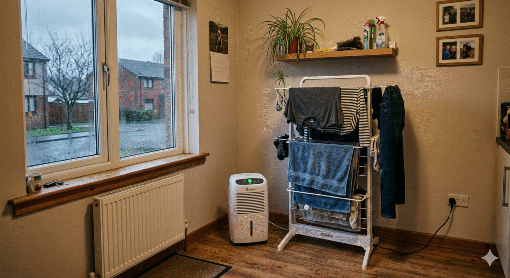 A heated airer with clothes drying on it next to a small dehumidifier in a typical UK living room in winter, with condensation visible on the window in the background