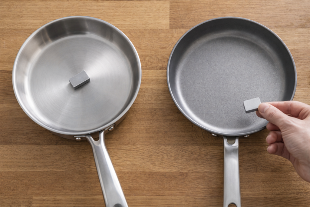 Fridge magnet sticking to base of stainless steel induction pan beside aluminium pan it will not attract to on a wooden kitchen surface