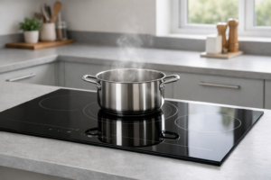 Sleek black induction hob on a modern UK kitchen worktop with stainless steel saucepan and steam rising in natural daylight