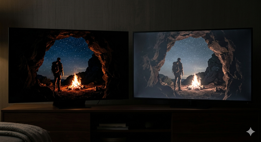 Side by side comparison of Mini-LED TV versus standard LED TV showing contrast difference in a dark room