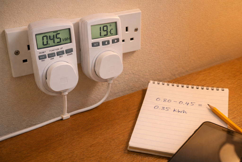 Plug-in energy monitor and thermostat in wall sockets with notepad tracking electricity savings