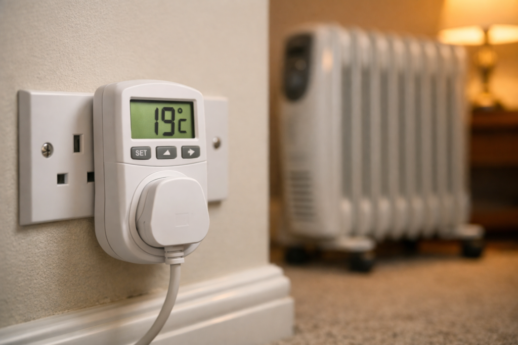Plug-in thermostat in wall socket showing temperature reading with oil-filled radiator in background
