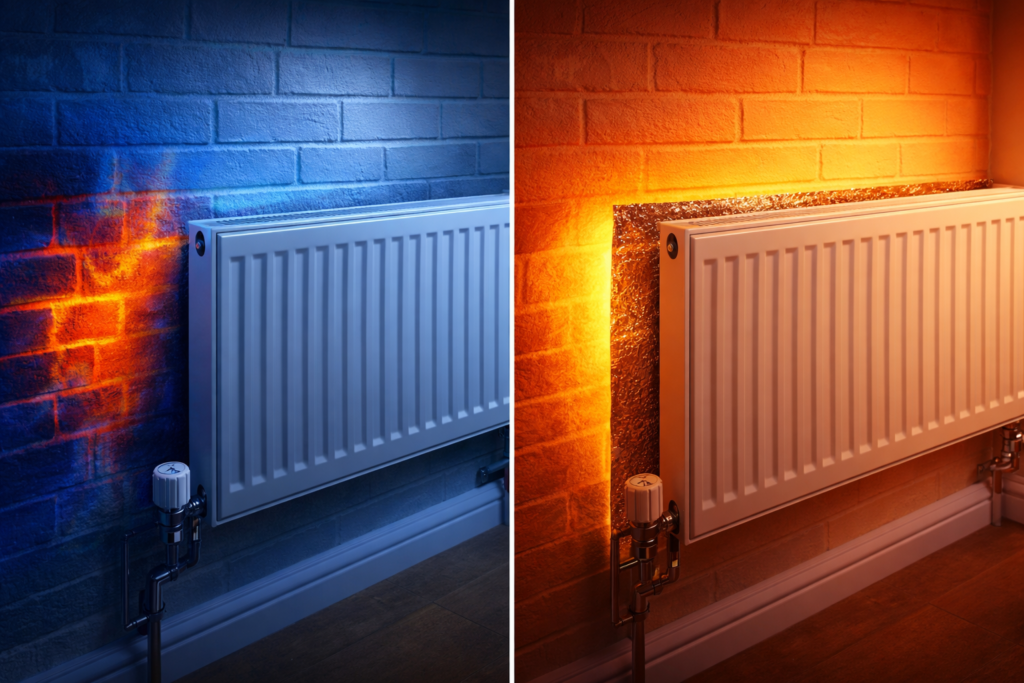 Split image comparing heat loss through an external wall without radiator foil versus heat reflected back into the room with foil installed