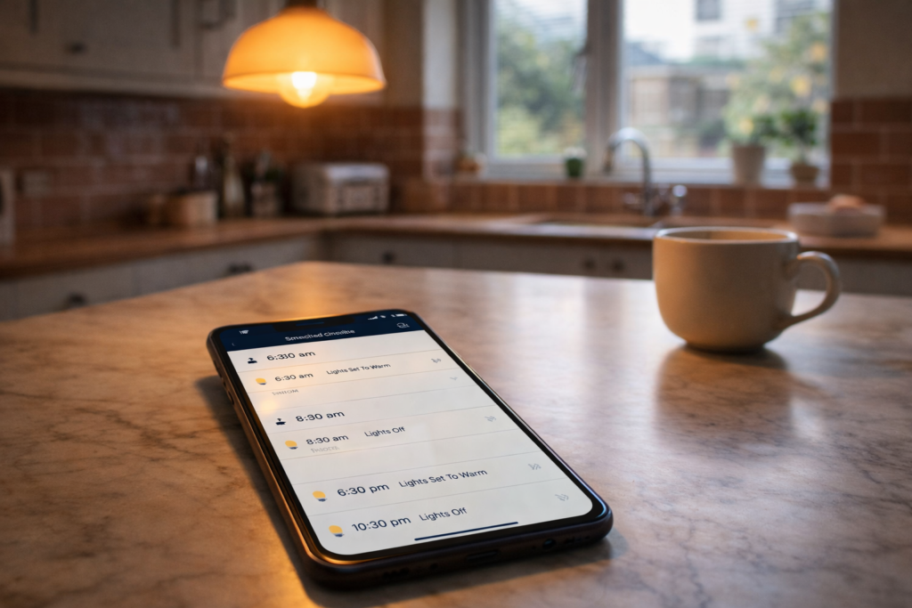 Smartphone on kitchen worktop showing smart lighting schedule app with pendant light glowing above in a British home