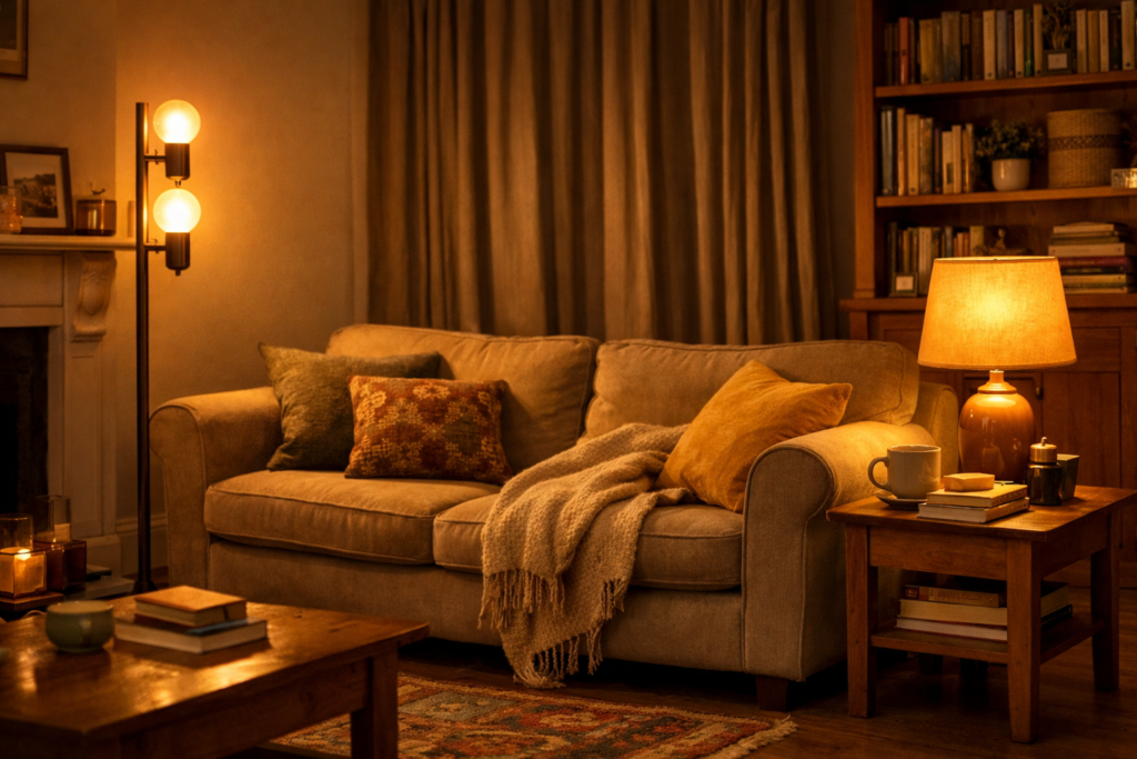 Warm amber smart bulb lighting in a cosy British living room evening scene with floor lamp and table lamp glowing