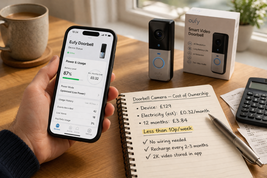 Smartphone showing smart doorbell app with cost calculation notepad and doorbell device on desk in UK home