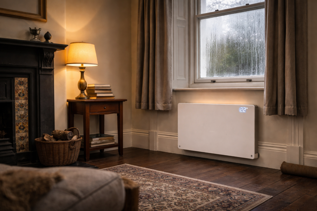 Modern smart heater in an older UK property room with period features and single glazed window