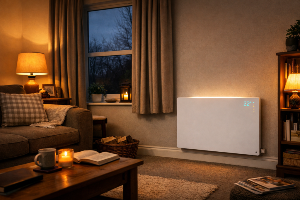 Smart ceramic panel heater in a cosy UK living room on a winter evening