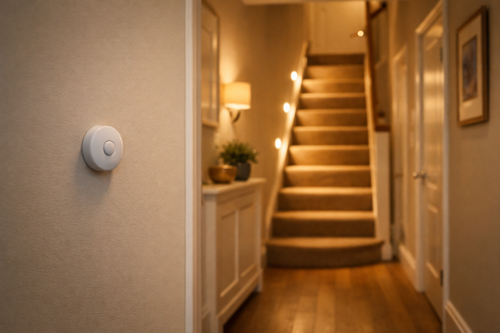 Smart motion sensor mounted on wall in a softly lit British hallway at night with automated warm lighting triggered on staircase - photorealistic