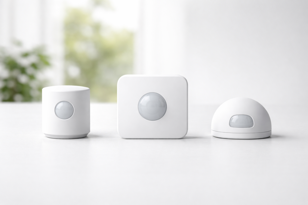 Three different styles of smart motion sensor for UK homes displayed side by side showing cylindrical dome and panel designs