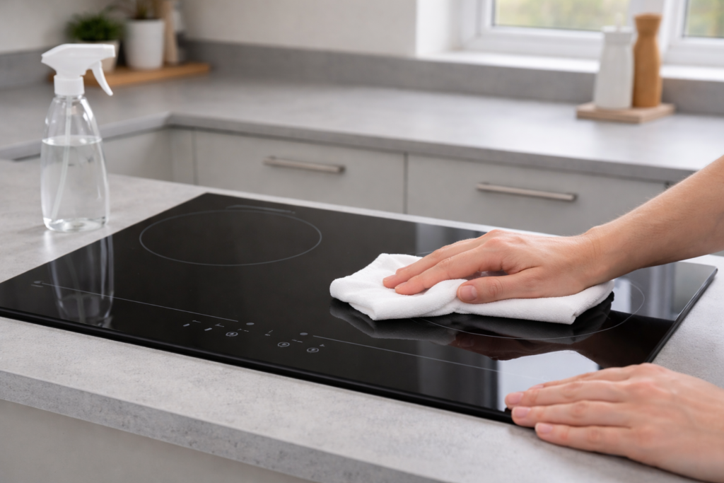 Hands wiping a black induction hob surface with a soft white cloth after cleaning with spray in a British kitchen