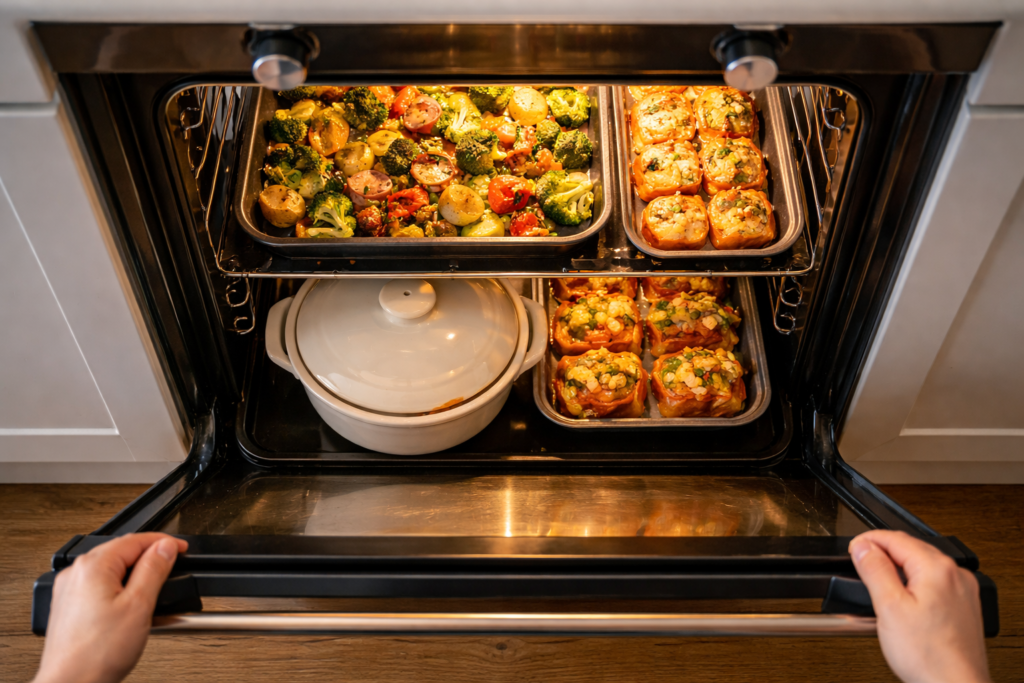 Open oven with multiple dishes cooking simultaneously including roasting vegetables and casserole dish