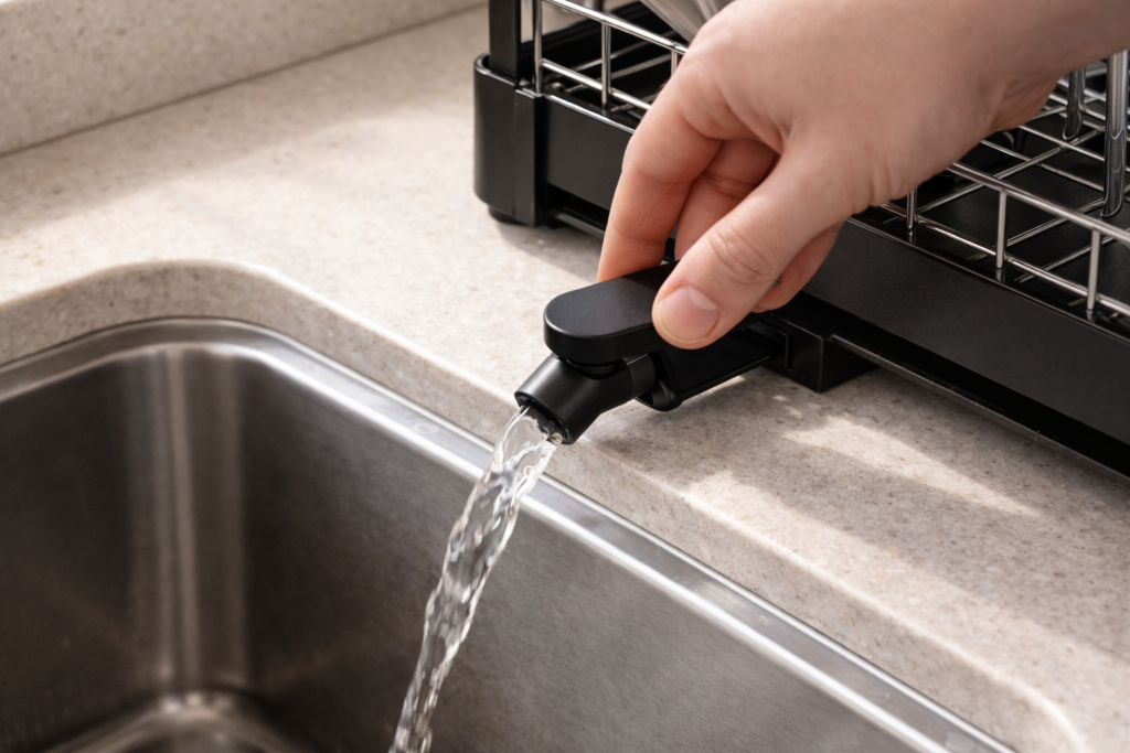 Hand adjusting swivel drainage spout on a dish rack to direct water into a UK kitchen sink