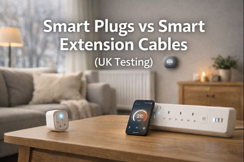 Smart plugs and smart extension cable in a UK living room showing standby power control for cutting electricity bills