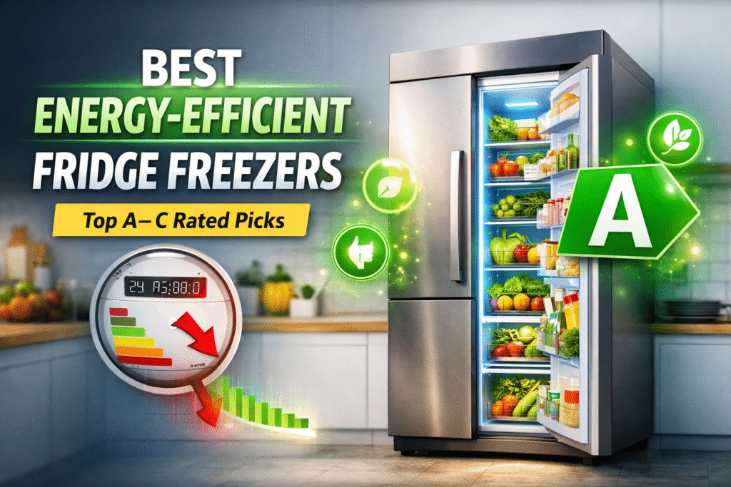 Energy-efficient fridge freezer in a modern kitchen with A energy rating and fresh food inside
