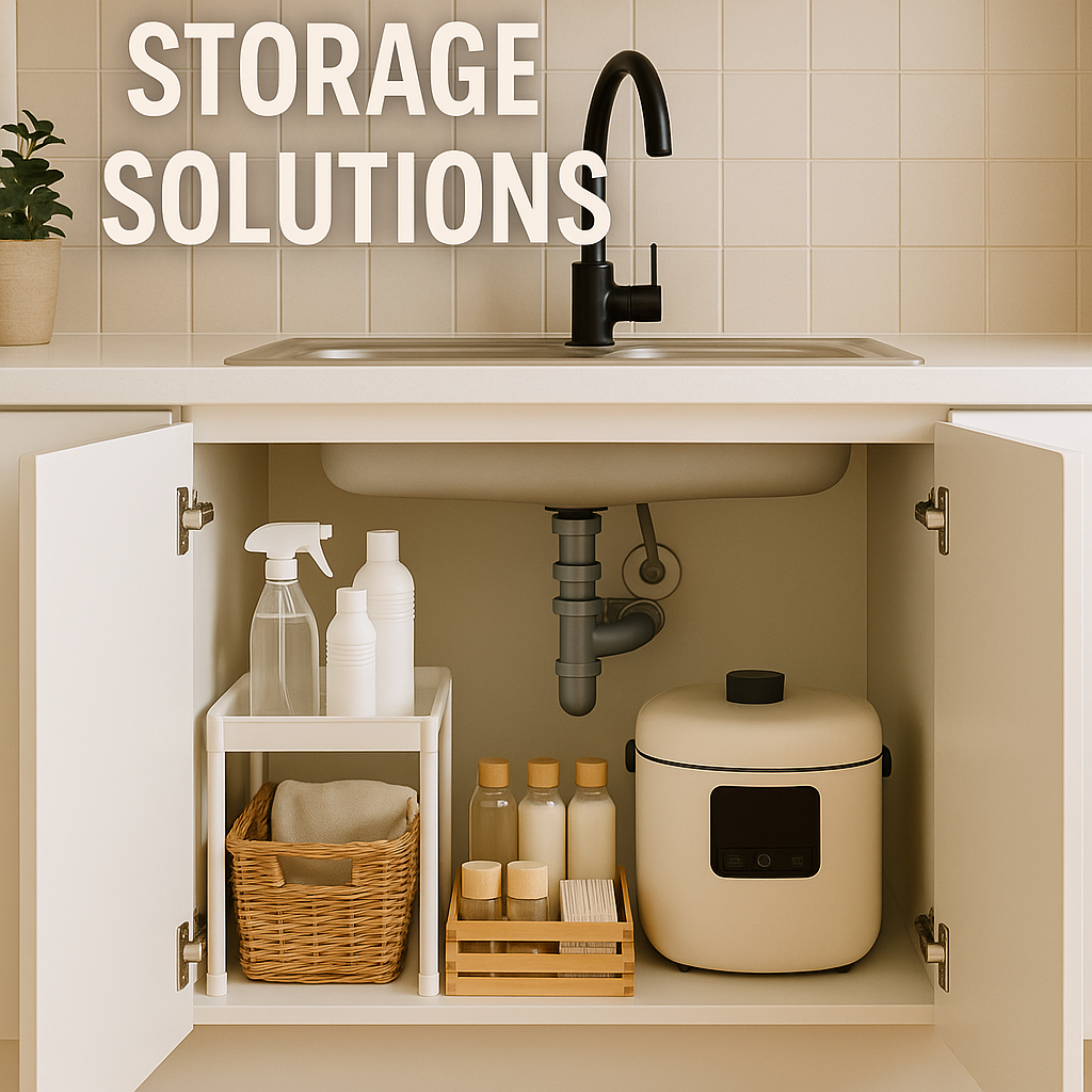 Organised under-sink cupboard in a UK kitchen with tiered storage and cleaning supplies