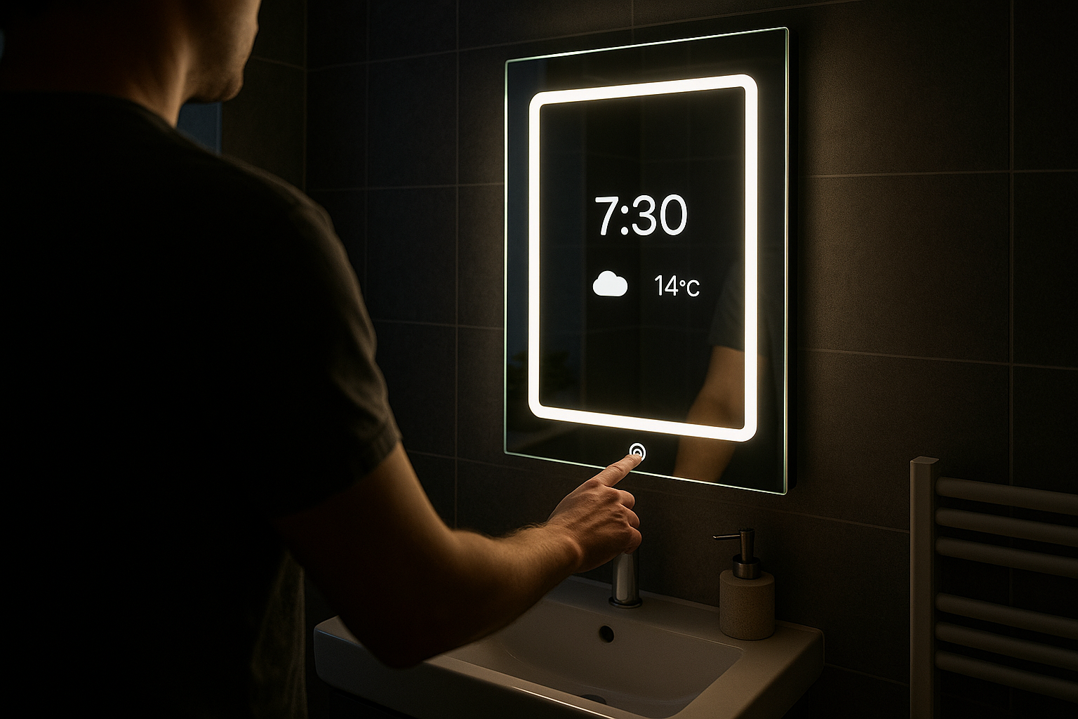 Person activating a smart mirror with touch controls in a dimly lit modern bathroom, showing energy-efficient LED lighting and weather display.
