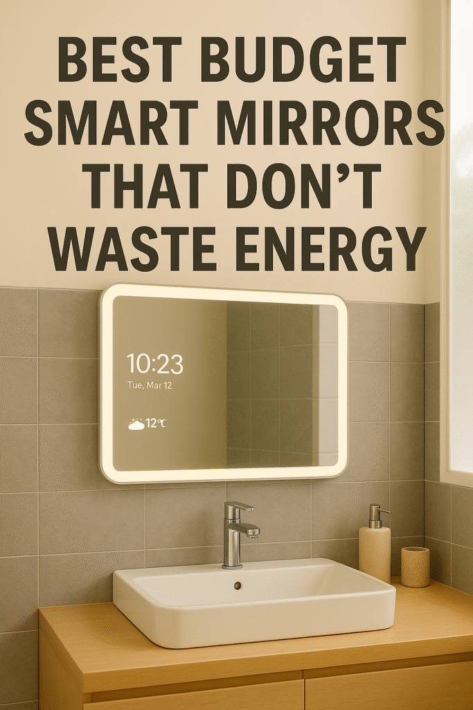 Modern bathroom with a smart mirror displaying time, date, and weather, beneath bold text reading “Best Budget Smart Mirrors That Don’t Waste Energy.”