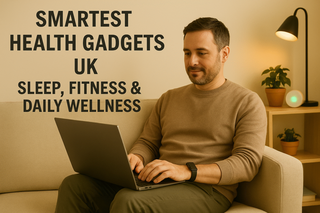 Man sitting on a beige sofa using a laptop while wearing a smart fitness tracker, with bold text reading “Smartest Health Gadgets UK – Sleep, Fitness & Daily Wellness” in a softly lit, modern living room.