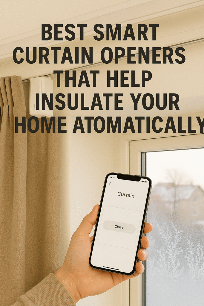 Hand holding a smartphone showing a curtain control app beside beige smart curtains with a motorized opener, illustrating automated insulation for energy-efficient UK homes.