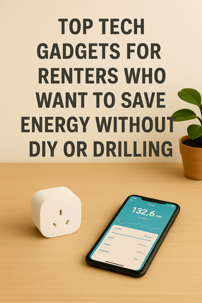 Featured image showing a smart plug and smartphone with an energy-tracking app on a wooden surface under bold text, “Top Tech Gadgets for Renters Who Want to Save Energy Without DIY or Drilling.”