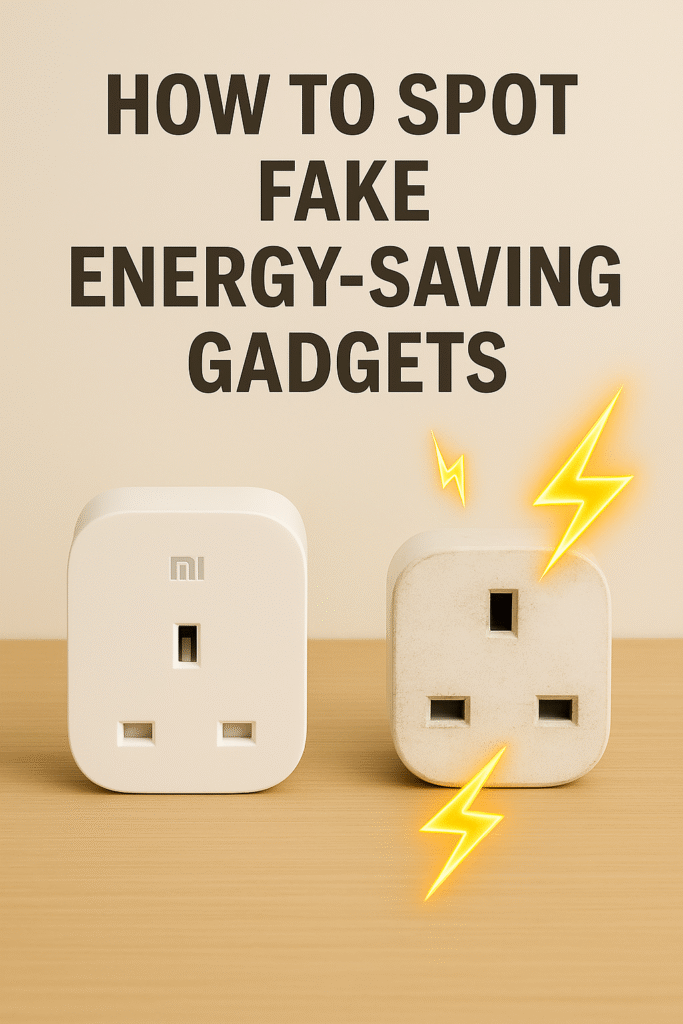 Two UK-style smart plugs on a wooden surface under the title “How to Spot Fake Energy-Saving Gadgets” — the genuine plug on the left looks clean and modern, while the fake on the right appears dirty and unreliable with yellow lightning graphics for emphasis.