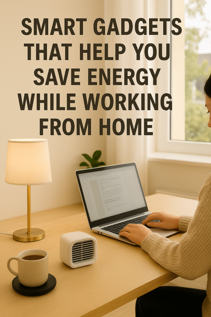Minimalist home office with laptop, smart plug heater, and warm lighting beside the text “Smart Gadgets That Help You Save Energy While Working From Home.”