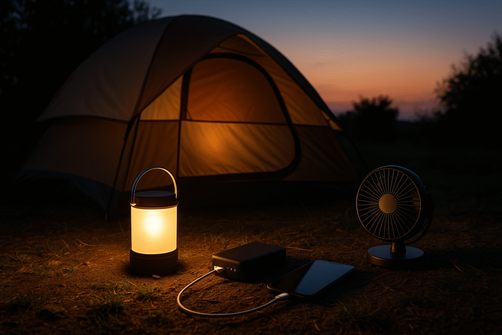 Rechargeable camping setup at dusk with lantern, power bank, and portable fan lighting a tent in the background under a warm evening sky.