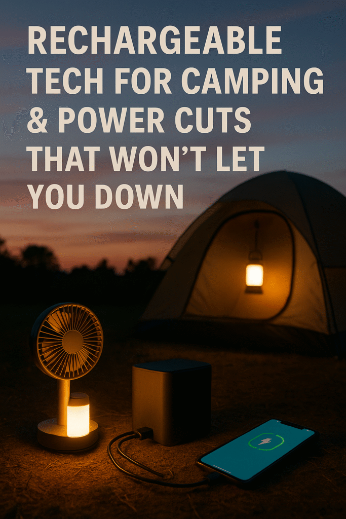 Rechargeable camping setup with lantern, power bank, and smartphone charging beside a tent at sunset, featuring bold title text about tech for camping and power cuts.