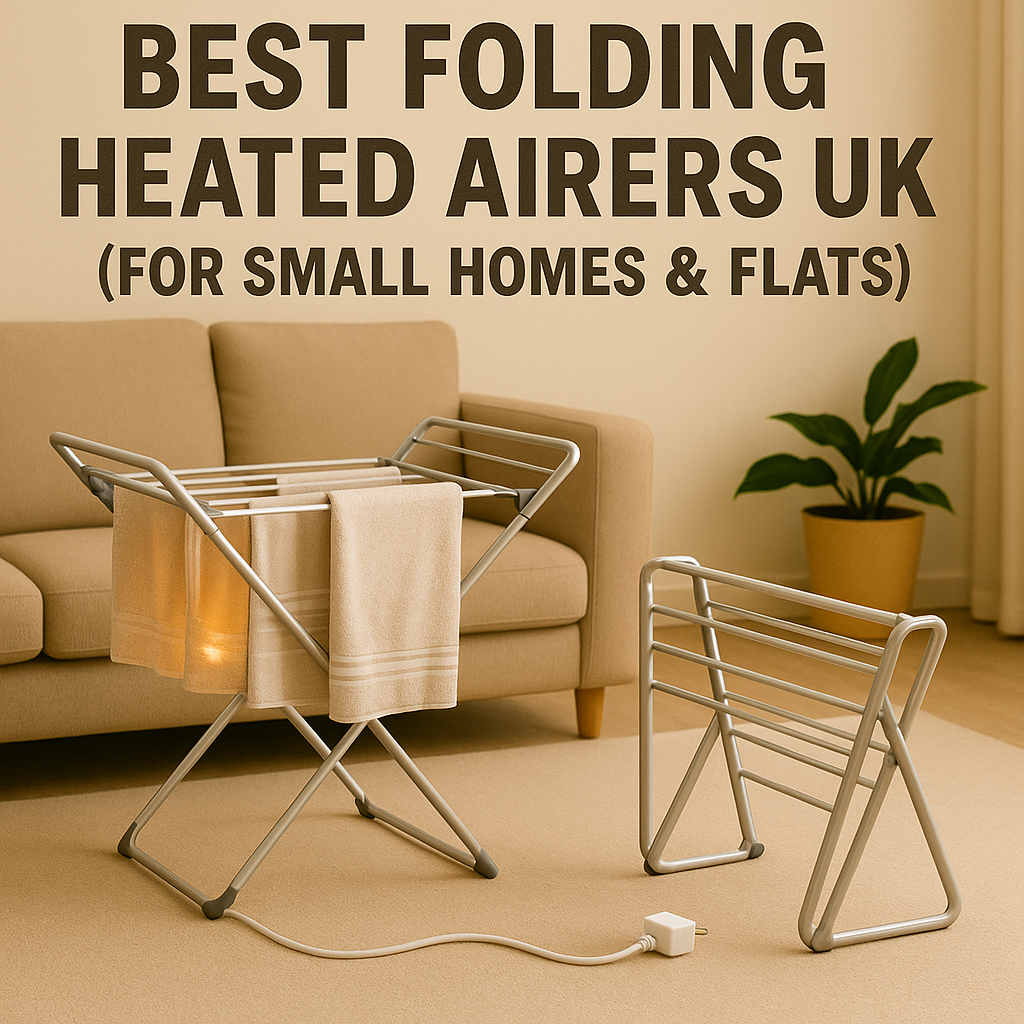 Folding heated airers displayed in a cozy UK living room with beige sofa and indoor plant, featuring bold title text “Best Folding Heated Airers UK (For Small Homes & Flats)”.
