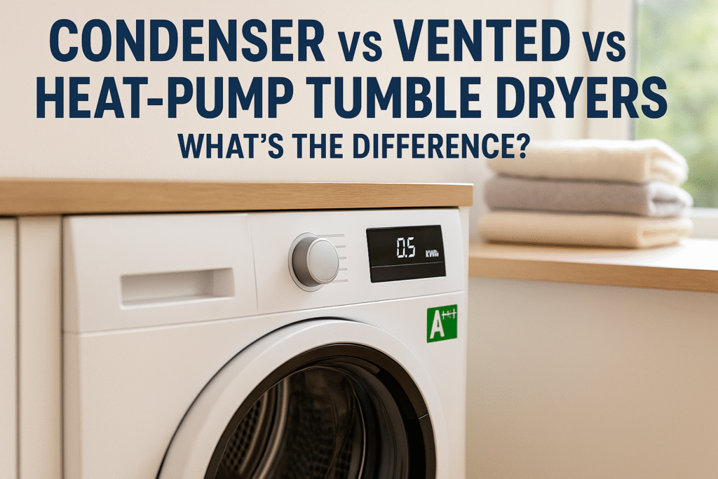 Featured image showing a modern heat-pump tumble dryer with A+++ energy label and digital display reading 0.5 kWh, with bold navy title text “Condenser vs Vented vs Heat-Pump Tumble Dryers — What’s the Difference?” above folded towels in a bright UK laundry room.