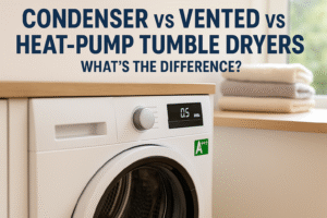 Featured image showing a modern heat-pump tumble dryer with A+++ energy label and digital display reading 0.5 kWh, with bold navy title text “Condenser vs Vented vs Heat-Pump Tumble Dryers — What’s the Difference?” above folded towels in a bright UK laundry room.